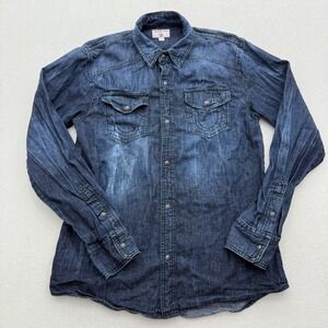 True Religion Mens M Medium Blue Wash Denim Shirt Long Sleeve Pearl Snap Western